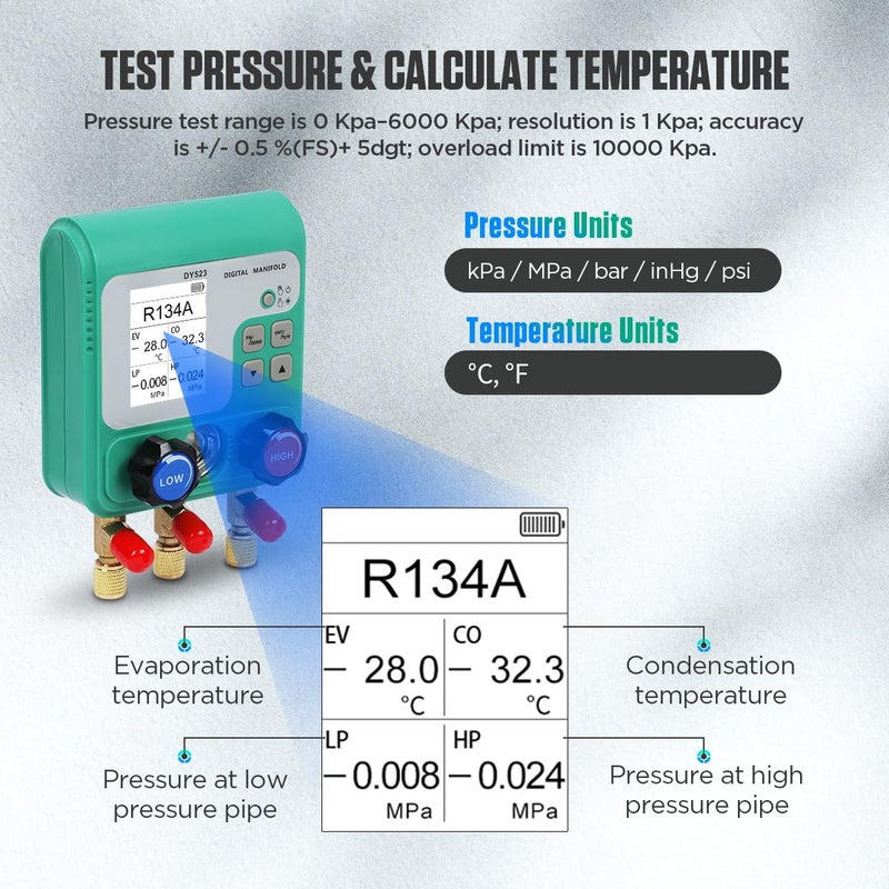 CMTOOL Digital HVAC Gauges Set, 92 Refrigerants, Digital Manifold Gauge Set, Pressure and Vacuum Test, HVAC Tools with 3 Hoses, R134A Quick Connectors & Valve Core Remover - Image 3